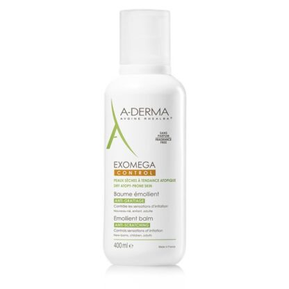 A-Derma Exomega Control Bálsamo Emoliente 400ml, o bálsamo emoliente EXOMEGA CONTROL acalma todas as peles secas de tendência atópica desde o nascimento.