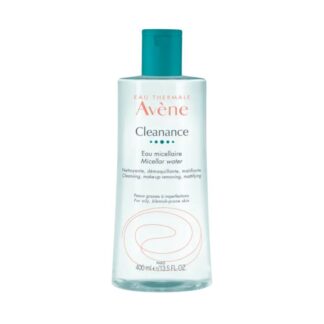 Avene Cleanance Água Micelar 400ml, sem enxaguar, limpa suavemente, matifica e remove impurezas, incluindo maquilhagem, do rosto e olhos da pele mista a oleosa, com imperfeições ou de tendência acneica.