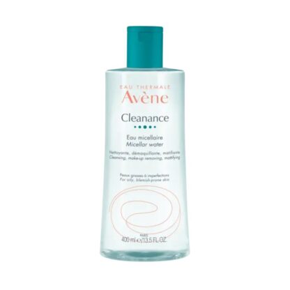 Avene Cleanance Água Micelar 400ml, sem enxaguar, limpa suavemente, matifica e remove impurezas, incluindo maquilhagem, do rosto e olhos da pele mista a oleosa, com imperfeições ou de tendência acneica.