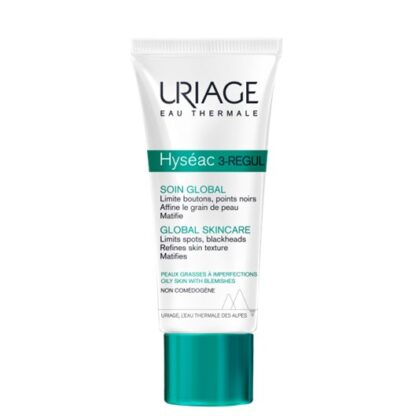 Uriage Hyseac 3-Regul Cuidado Global 40ml , este cuidado global « tudo em um » favorece a eliminação das imperfeições (borbulhas, pontos negros, brilho) deixando a pele lisa e matificada.