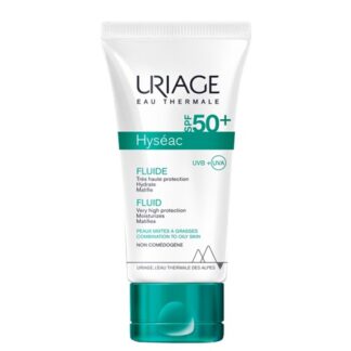 Uriage Hyseac Fluido SPF50 Oli-free 50ml, assegura uma protecção solar eficaz com propriedades adaptadas à pele mista a oleosa. Oferece elevada protecção UVA-UVB de alta performance graças a um novo complexo filtrante sem octocrileno.