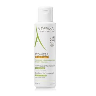 A-Derma Exomega Control Gel Lavante 500ml,  espuma emoliente limpa com suavidade, acalma e protege a pele seca e de tendência atópica. Acalma a sensação de comichão associada à secura cutânea e protege a pele diariamente contra a secura.
