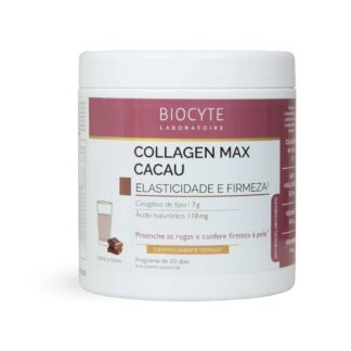 Biocyte Collagen Max Anti-Age Cacau 260g – Pele Mais Lisa e Jovem com Colagénio Verisol® e Ácido Hialurónico Descrição Biocyte Collagen Max Anti-Age Cacau é um suplemento alimentar inovador e altamente concentrado à base de colagénio hidrolisado tipo I Verisol®, com ácido hialurónico e um agradável sabor a cacau. A sua fórmula avançada combate eficazmente os sinais do envelhecimento cutâneo, promovendo uma pele mais lisa, firme e hidratada. Rico em vitamina C, que contribui para a formação natural do colagénio, e em vitamina E, com propriedades antioxidantes, este suplemento ajuda a preencher linhas finas, reduzir rugas profundas e melhorar a elasticidade e textura da pele. A fórmula é ainda enriquecida com vitamina A, vitaminas do complexo B e vitamina D, para um suporte nutricional completo da pele. Ideal para quem procura uma solução anti-idade eficaz, de uso diário, com um sabor reconfortante a chocolate. Benefícios Reduz rugas profundas e preenche linhas finas Melhora a firmeza e elasticidade da pele Promove a hidratação cutânea Rico em colagénio Verisol® tipo I (7g/dose) – alta absorção Enriquecido com ácido hialurónico, vitamina C e E Sabor delicioso a cacau – ideal para tomar com água ou leite Suporte completo com vitaminas A, D e complexo B Sem açúcar adicionado – adoçado com stevia Modo de Utilização Dissolver 2 colheres medida rasas (13g) em 150 ml de água ou leite e misturar bem até à completa dissolução. Para melhor resultado, usar shaker. Consumir 1 vez por dia. Duração de uma embalagem: aproximadamente 20 dias Ingredientes Ativos (por dose de 13g) Colagénio hidrolisado Verisol® tipo I – 7 g Ácido Hialurónico – 110 mg Vitamina C – 40 mg (50% VRN*) Vitamina E – 6 mg (50% VRN*) Vitamina A – 400 µg (50% VRN*) Vitaminas do complexo B + Vitamina D *VRN: Valor de Referência do Nutriente Composição Completa Colagénio hidrolisado, cacau magro em pó (19,4%), maltodextrina, ácido hialurónico, vitaminas (C, E, A, D, B1, B2, B3, B5, B6, B8, B9, B12), aromas naturais, espessante (goma xantana), edulcorante natural (glicosídeos de esteviol), entre outros. Pode conter vestígios de: glúten, ovos, peixe, soja, leite, frutos de casca rija, aipo. Precauções de Utilização Não exceder a dose diária recomendada Não recomendado para grávidas, lactantes ou crianças com menos de 12 anos Não recomendado a pessoas sob medicação sem aconselhamento médico Manter fora do alcance das crianças Conservar em local fresco, seco e ao abrigo da luz FAQ Para que serve o Biocyte Collagen Max Anti-Age Cacau? Ajuda a reduzir os sinais de envelhecimento da pele, como rugas e perda de firmeza, melhorando a hidratação e a elasticidade com colagénio e ácido hialurónico. Quanto tempo dura uma embalagem? Aproximadamente 20 dias, com uma toma diária de 13 g. Pode ser tomado com leite? Sim, pode ser preparado com água ou leite, quente ou frio. É seguro para uso contínuo? Sim, recomenda-se um ciclo de 2 a 3 meses, podendo ser repetido várias vezes ao ano. Tem açúcar? Não. É adoçado naturalmente com stevia, sem adição de açúcar refinado.