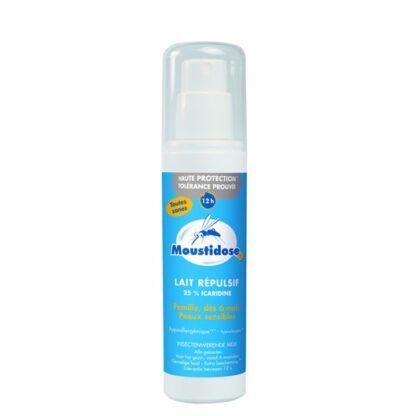 Moustidose Leite Repelente 125ml, formulado com Icarídina, é hidratante e protege das picadas dos mosquitos que podem transmitir Chikungunya, Malária, Febre Amarela e Dengue.