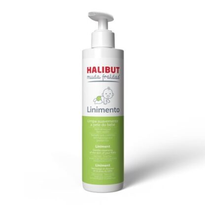 Halibut Muda Fraldas Linimento 200ml, linimento sem sabão nem necessidade de enxaguar, ideal para uma limpeza suave da pele do bebé a cada muda de fralda.
