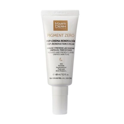 Martiderm Pigment Zero DSP-Creme Renovação 40ml, com o propósito de promover um peeling suave sobre a pele, renovando-a e obtendo uma cútis mais uniforme.