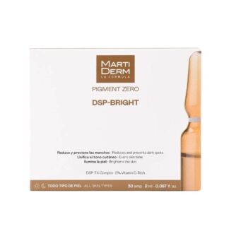 Martiderm Pigment Zero Dsp Bright 30 Ampolas, com o propósito de reduzir e prevenir o aparecimento de manchas. Ao passo que uniformiza o tom da pele e fornece luminosidade à pele.