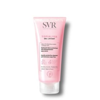 SVR Topialyse Gel Lavante 200 ml, com a finalidade de limpeza. Garante contudo uma higiene suave, assim como protetora. Além disso  é um gel de banho anti desidratação.