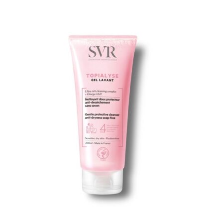 SVR Topialyse Gel Lavante 200 ml, com a finalidade de limpeza. Garante contudo uma higiene suave, assim como protetora. Além disso  é um gel de banho anti desidratação.