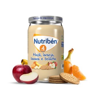 Nutribén 1º Boião Maçã, Laranja, Banana e Bolacha 235gr, associa o toque cremoso da fruta ao delicioso sabor da bolacha, sem glúten e sem leite. Enriquecido com vitamina C.