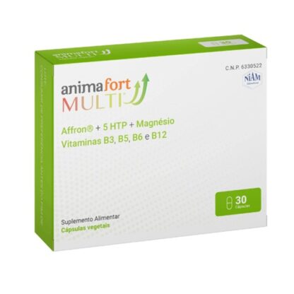 AnimaFort Multi 30 cápsulas suplemento alimentar que ajuda a superar situações de ansiedade, stress ou angústia. A sua fórmula única é à base de Affron® e 5-HTP, dois nutrientes que lhe ajudam a dar um estado de ânimo positivo.