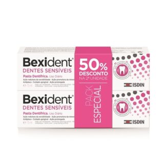 Bexident Dentes Sensíveis Pasta 2x75ml é formulada com ingredientes de ação redutora da sensibilidade (nitrato de potássio), promotora da mineralização do esmalte (fluoreto de sódio) e anti-placa que permitem reduzir a dor nos dentes e ter as gengivas sãs e protegidas.