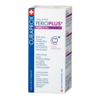 Curaprox Perio Plus Forte Colutório 200ml, colutório indicado antes de tratamento odontológicos, em casos de inflamação ou problemas com aparelhos dentários, implantes e próteses.
