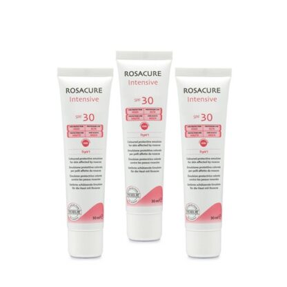 Rosacure Intensive SPF30 3x30ml, emulsão protetora de dia com fator de proteção solar alto (SPF 30 com proteção UVA) para aplicação no rosto, com o objetivo de proteger a pele com rosácea na sua fase eritemato-telangiectásica (couperose) e pápulo-pustulosa