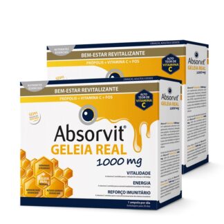 Absorvit Geleia Real 2x20 Ampolas, suplemento alimentar. Desenvolvido com a finalidade de reforçar as defesas naturais, revitalizar e fortalecer o organismo em crianças, adultos e idosos.