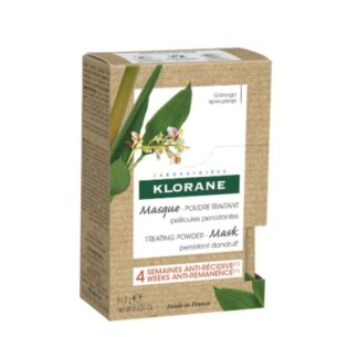 Klorane Galanga Máscara Pó 8x3g, uma máscara em pó que ajuda a eliminar a caspa persistente, limpa, acalma e reequilibra o couro cabeludo.