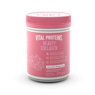 Vital Proteins Beauty Collagen Pó Morango-Limão 271gr, sabor a morango-limão, é um suplemento alimentar composto por péptidos de colagénio, ácido hialurônico e rico em biotina, componentes selecionados para auxiliar no fortalecimento da tua pele e cabelo.