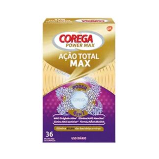 Descubra a eficácia das Pastilhas de Limpeza de Próteses Corega Ação Total Max, agora disponíveis na Pharmascalabis, a sua farmácia online de confiança.
