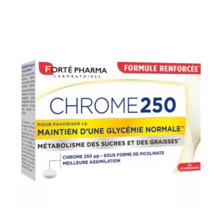 O Forté Pharma Forte Crome 250 é um suplemento alimentar formulado com picolinato de crómio, um oligoelemento essencial que atua na regulação dos níveis de açúcar no sangue e na redução do apetite por doces e petiscos