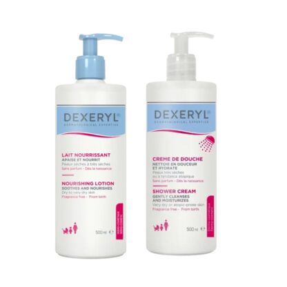 El pack Dexeryl Loción Nutritiva + Crema de Ducha 500 ml ofrece un cuidado diario completo para las pieles secas, muy secas y con tendencia atópica.